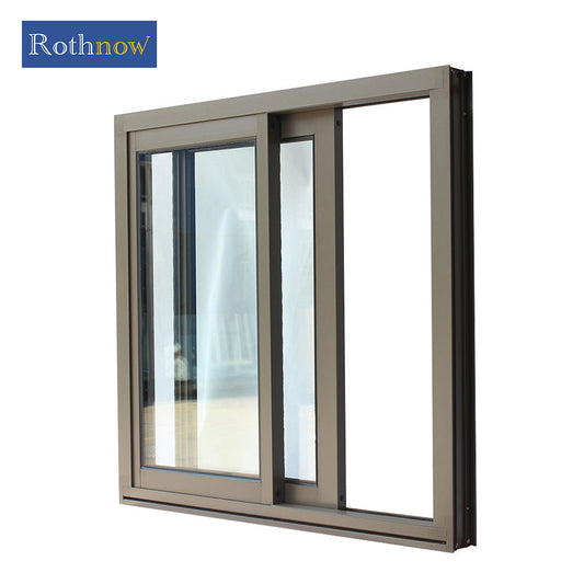 Rothnow aluminum 80 series sliding window in brown, showing a close-up of the window frame and sliding sash in a residential setting.