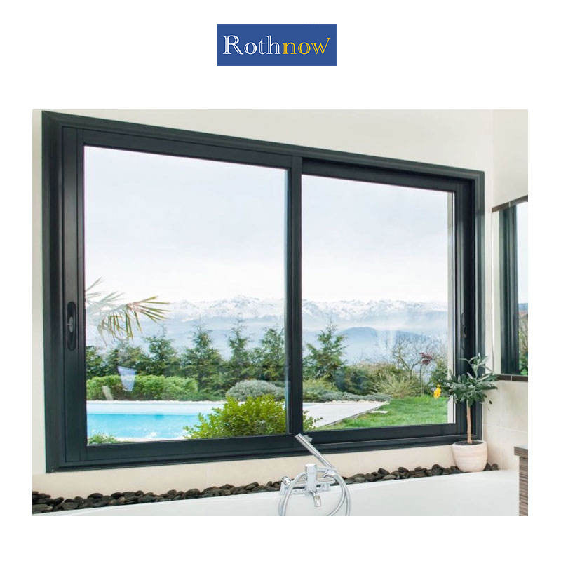 Rothnow® aluminum 80 series double sliding window, black finish, 1000mm x 1000mm, with two sliding glass leaves.