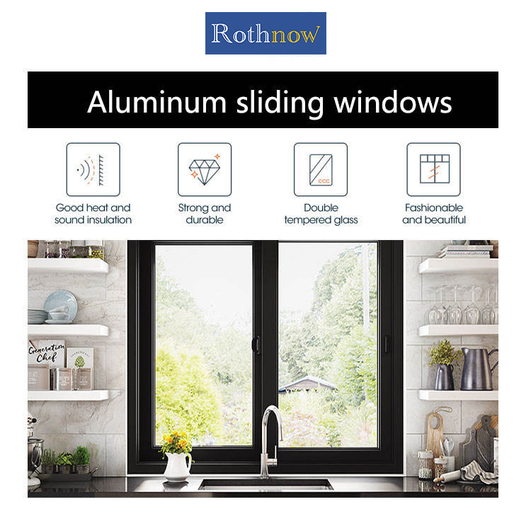 Rothnow® Aluminum Window 80 Series sliding window with double sliding leaves, black frame, 1000mm x 1000mm dimensions