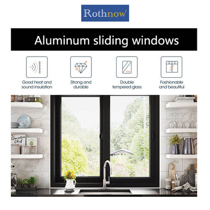 Rothnow® Aluminum Window 80 Series sliding window with double sliding leaves, black frame, 1000mm x 1000mm dimensions