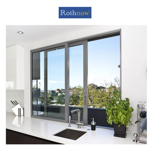 Rothnow® Aluminum 80 Series sliding window in gun grey color, with black frame and transparent glass for modern home ventilation.