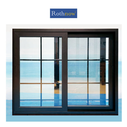 Rothnow® Aluminum 80 Series Sliding Window with Grille, 1000mm W x 1000mm H, black frame, featuring a sleek design and grille detail.