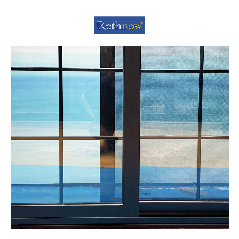 Rothnow® Aluminum 80 Series sliding window with grille, black finish, 1000mm x 1000mm, modern window design with grille accents.
