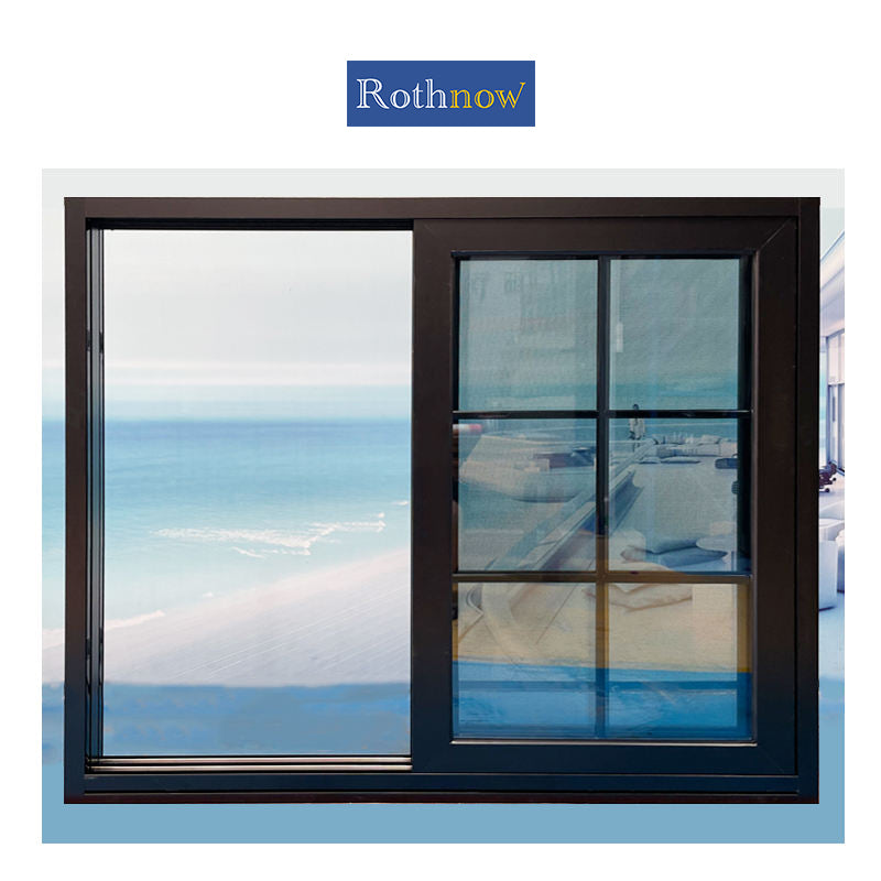 Rothnow® 80 Series aluminum sliding window with grille, black finish, 1000mm width by 1000mm height, modern window design