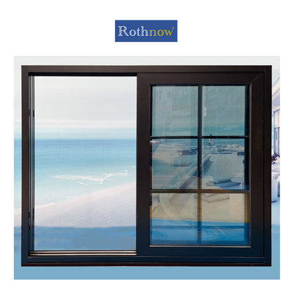 Rothnow® 80 Series aluminum sliding window with grille, black finish, 1000mm width by 1000mm height, modern window design