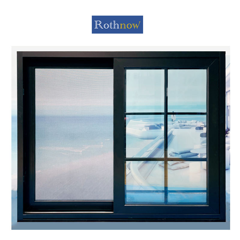 Rothnow® aluminum 80 series sliding window with grille, 1000mm x 1000mm, black frame, featuring a sleek and modern design.