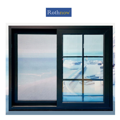 Rothnow® aluminum 80 series sliding window with grille, 1000mm x 1000mm, black frame, featuring a sleek and modern design.