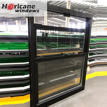 Rothnow® Aluminum 83 Series Double Hung Window in black, hurricane-proof design, with open sash showing sturdy frame and glass panes.