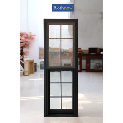 Rothnow® aluminum 83 Series double hung window with grille, black finish, 1000mm x 1000mm size, showcasing the window frame and grille design.
