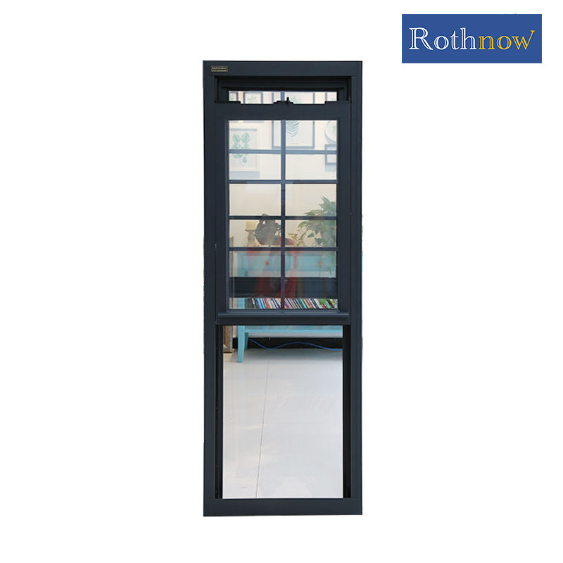 Rothnow® Aluminum 83 Series double hung window with grille, black finish, 1000mm x 1000mm, showcasing the window's frame and grille design.