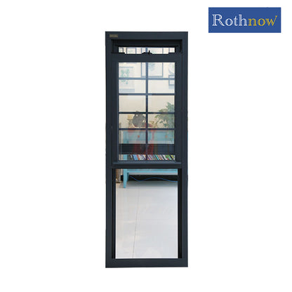 Rothnow® Aluminum 83 Series double hung window with grille, black finish, 1000mm x 1000mm, showcasing the window's frame and grille design.