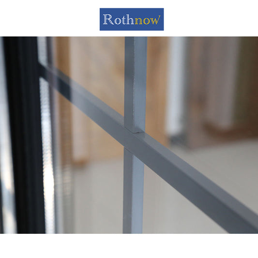 Rothnow Aluminum 83 Series Double Hung Window with Grille, black finish, 1000mm x 1000mm, showcasing the window frame and grille design.