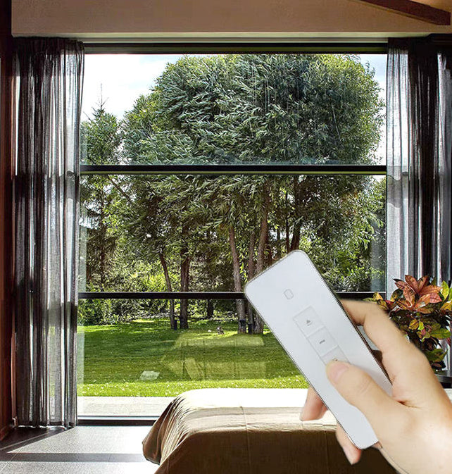 Rothnow® 83 Series aluminum single hung window with black frame, auto open and close feature, 1000mm x 1000mm size.