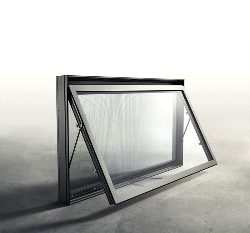 Black Rothnow aluminum 50 Series awning window, 1000mm wide by 1000mm high, with a sleek, modern design for ventilation and light.