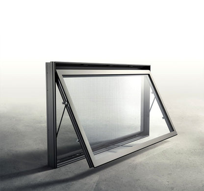 Black Rothnow aluminum 50 Series awning window, 1000mm wide by 1000mm high, with a sleek, modern design for ventilation and light.