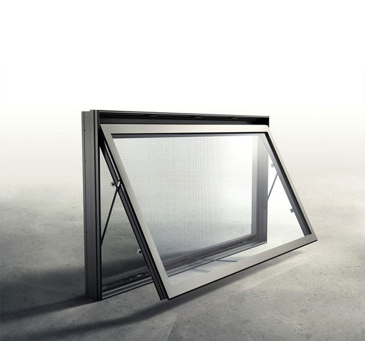 Black Rothnow aluminum 50 Series awning window, 1000mm wide by 1000mm high, with a sleek, modern design for ventilation and light.