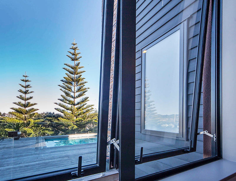 Black Rothnow aluminum 50 Series awning window, 1000mm x 1000mm, with open awning style and sleek frame.