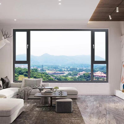 Rothnow® French style aluminum casement window, 55 Series, black finish, with open window panes and sleek aluminum frame.