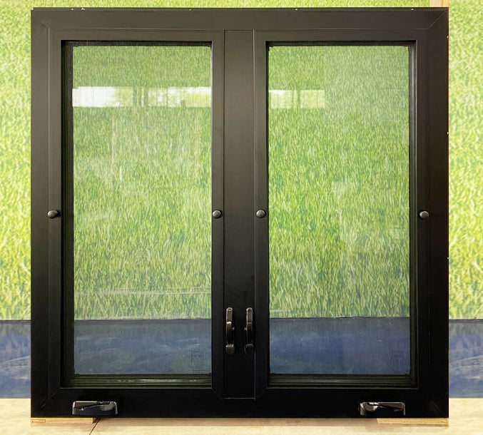 Rothnow® high-quality aluminum 50 series casement window, 1000mm W x 1000mm H with black frame, open window showing glass and hardware.