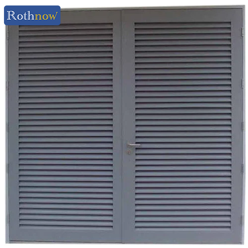 Rothnow grey aluminum 50 series louver door, 1600mm wide by 2100mm high, with horizontal slats for ventilation.