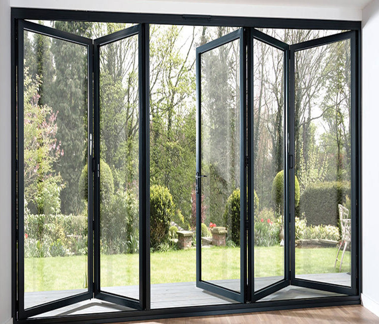 Rothnow aluminum bifold door for balcony, 75 Series, black finish, 2400mm wide and 2300mm high, for outdoor balcony access.