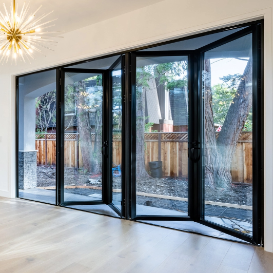 Rothnow® Aluminum 75 Series Bifold Exterior Door, black finish, with glass panels, measuring 2400mm wide by 2300mm high.