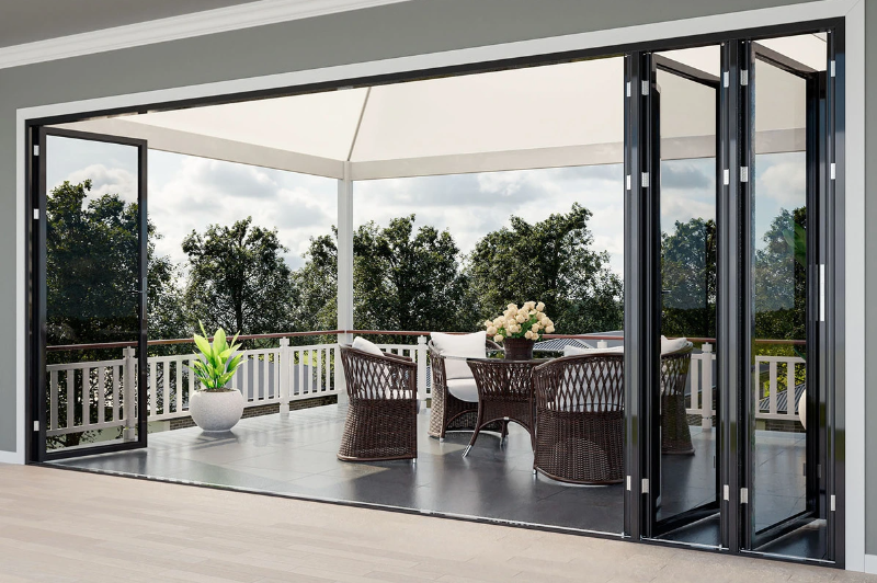 Rothnow® 75 Series aluminum bifold exterior door, black finish, 2400mm wide by 2300mm high, with a sleek modern design