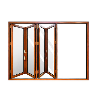 Rothnow Aluminum 75 Series Bifold Door with wood texture finish, black color, 2400mm W x 2300mm H, for stylish home entry.