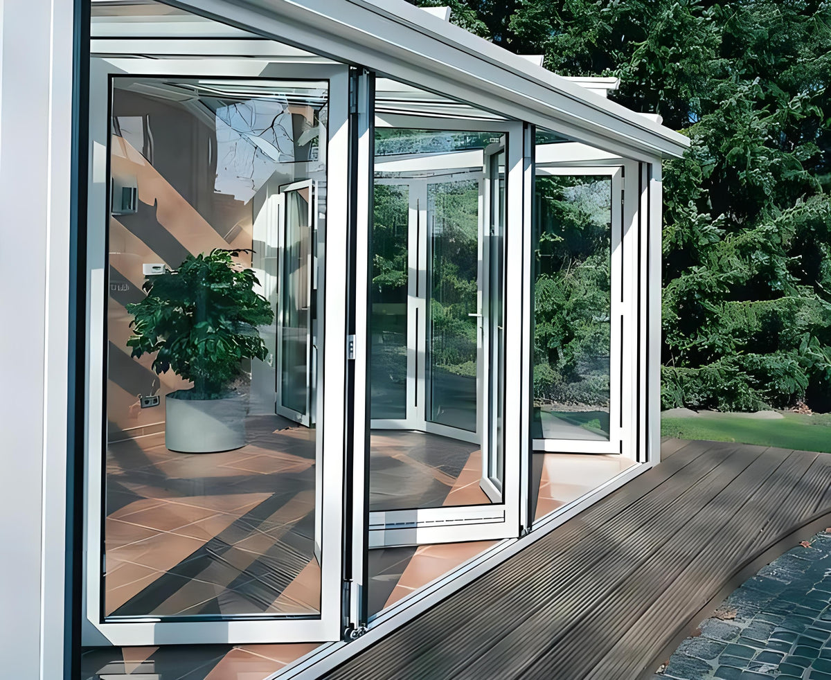 Rothnow® 75 Series aluminum thermal break bifold door in black, with glass panels, measuring 2400mm wide and 2300mm high.