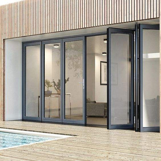 Rothnow® Aluminum 75 Series Thermal Break Bifold Door in black, showing the sleek design and large glass panels.
