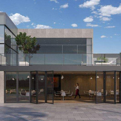 Rothnow® Aluminum Bifold Door 75 Series with black finish, 2400mm width, 2300mm height, thermal break design.