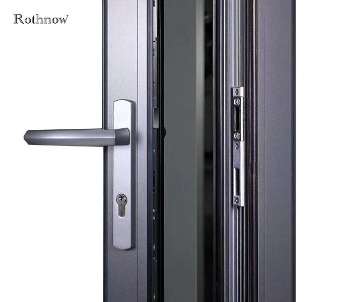 Rothnow Aluminum Door 75 Series waterproof bifold door, black finish, 2400mm wide by 2300mm high, designed for outdoor use.