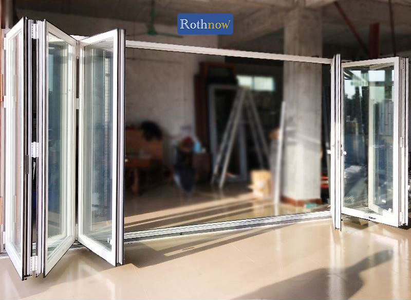 Rothnow® Aluminum Door 75 Series white bifold door, black frame, with closed panels and sleek modern design