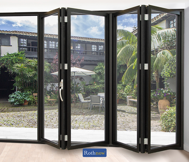 Rothnow® Rust-resistant aluminum 75 Series bifold door, black finish, with visible hinges and sleek design for modern doorways.