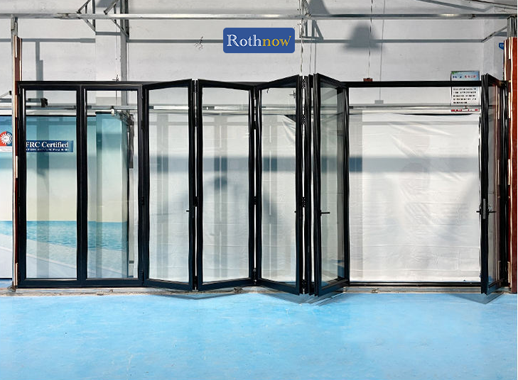 Rothnow Rust-resistant Aluminum Bifold Door 75 Series, black finish, 2400mm W x 2300mm H, for interior or exterior use.