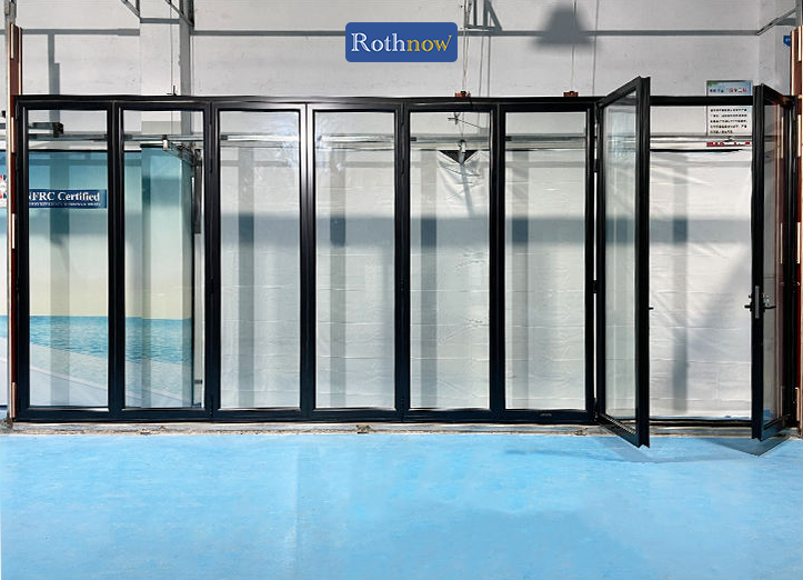 Rothnow® Rust-resistant aluminum 75 Series bifold door in black, 2400mm wide by 2300mm high, with black finish and modern design.
