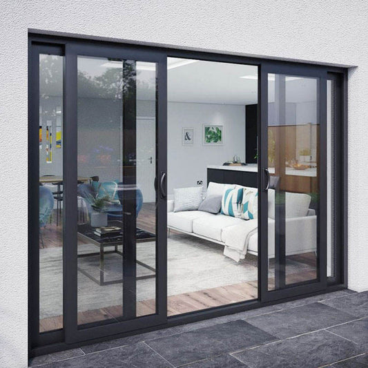 Rothnow® Aluminum 120 Series Thermal Break Sliding Door, black finish, large door with sleek frame and glass panels.