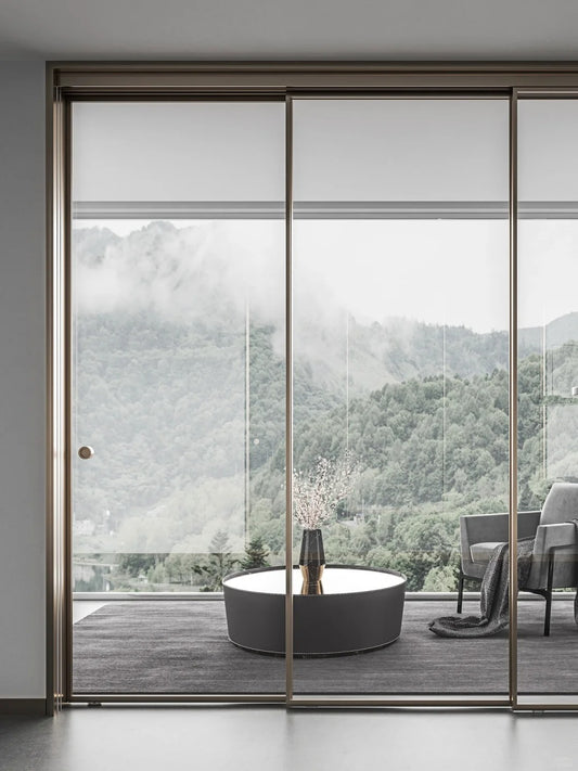 Rothnow® Aluminum Door 16x28 Series with super slim frame, Alpha Gold finish, clear glass, white color, sliding door design
