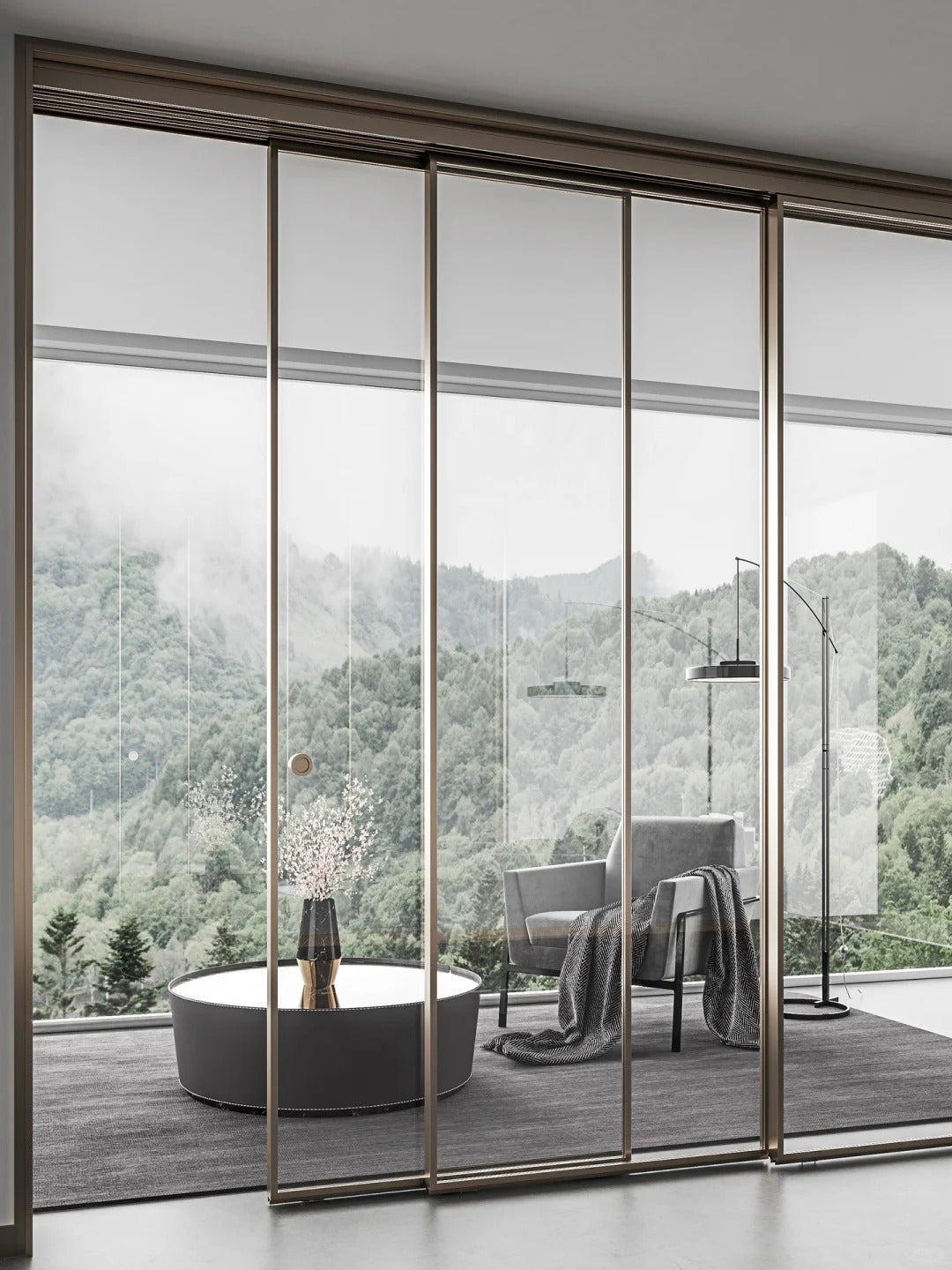 Rothnow aluminum sliding door with 16x28 series super slim frame, clear glass, white finish, and Alpha Gold hardware.