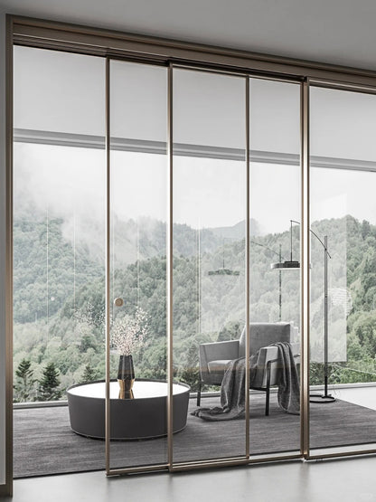 Rothnow aluminum sliding door with 16x28 series super slim frame, clear glass, white finish, and Alpha Gold hardware.