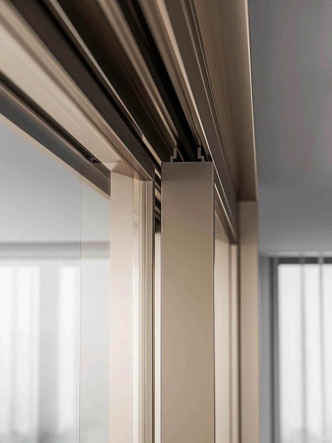Rothnow® Aluminum Door from 16x28 Series with super slim frame, Alpha Gold finish, clear glass, white frame, sliding design.