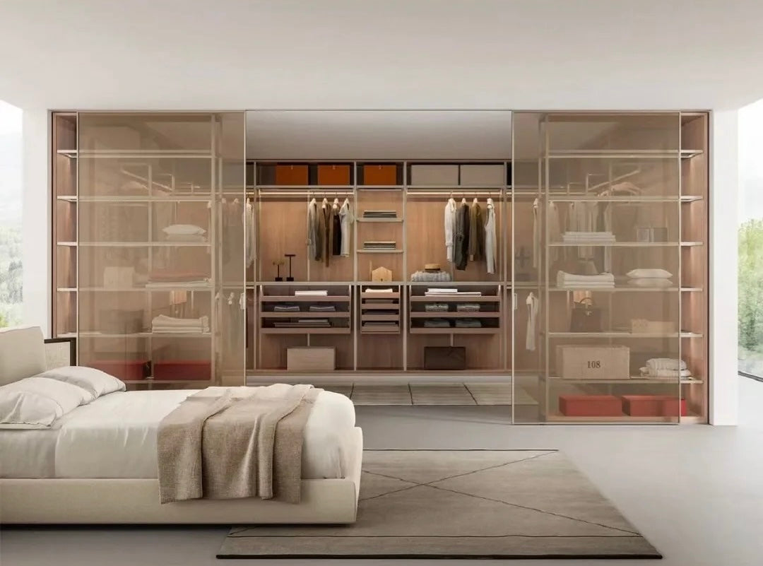 Rothnow® aluminum 16x35 series slim frame sliding wardrobe door with clear glass and white finish in a modern interior.