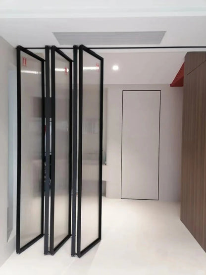 Rothnow Aluminum 16x45 Series Slim Frame Bi-fold Folding Door with clear glass in black finish, white frame, and slim profile.
