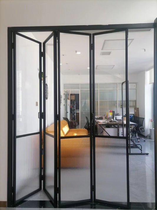 Rothnow aluminum 16x45 series slim frame bi-fold door with waved glass and white finish, showing the sleek folding door design.