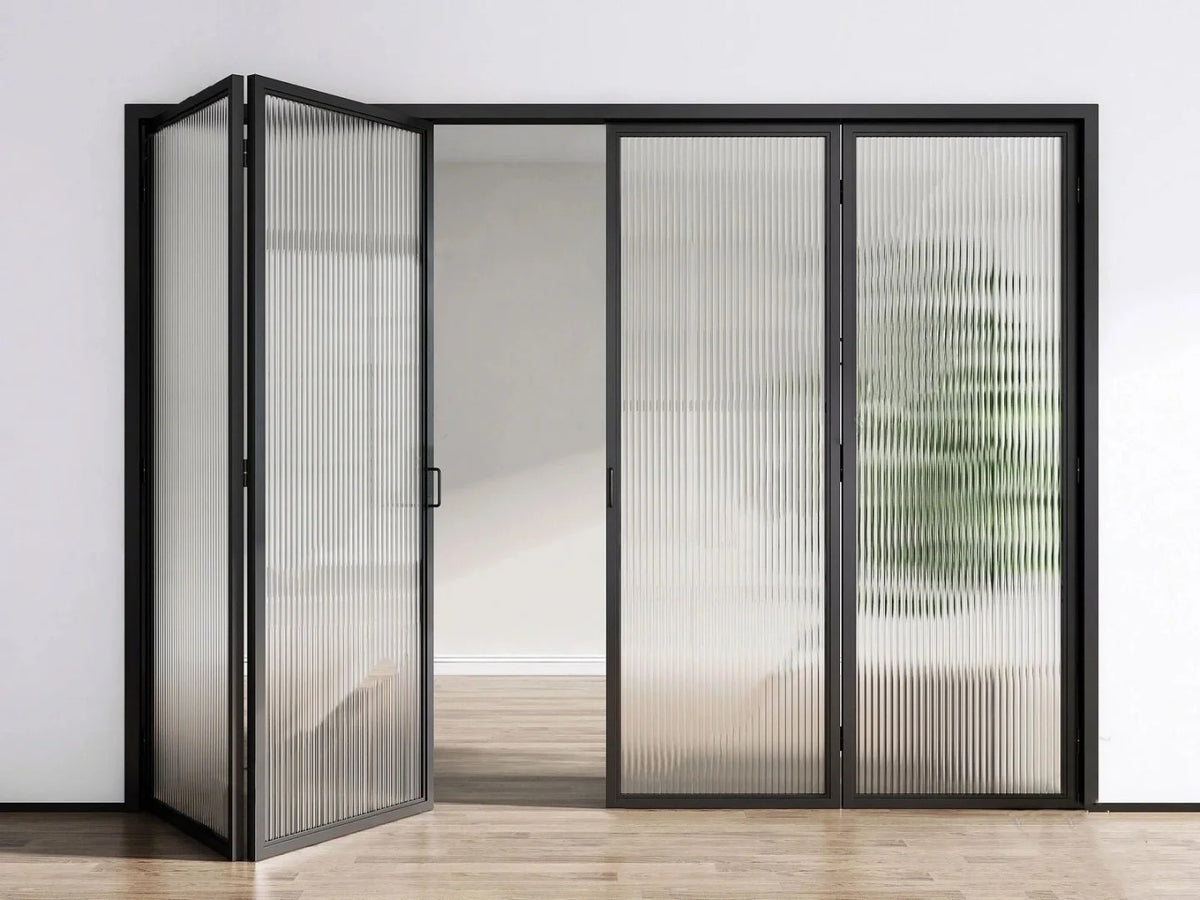 Rothnow aluminum 16x45 series slim frame bi-fold door with waved glass and white finish, showing folded panels and clear glass design.