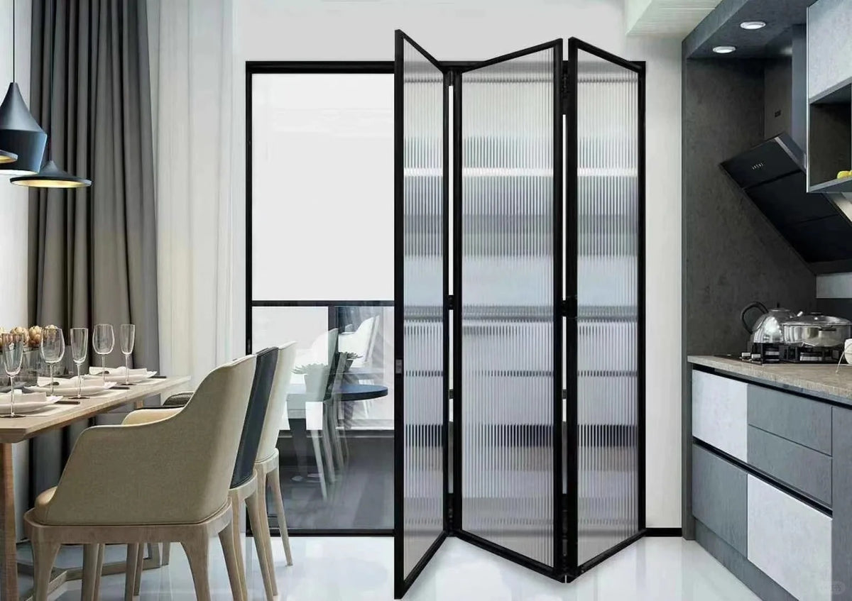 Rothnow® Aluminum 16x45 Series Slim Frame Bi-fold Door with waved clear glass and white finish, showcasing folding door design.