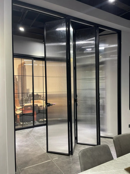 Rothnow® aluminum 16x45 series slim frame bi-fold folding door with waved clear glass and white skin finish.