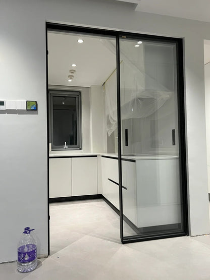 Rothnow® aluminum 16x45 series slim frame sliding door with clear glass, white finish, suitable for office and kitchen spaces.