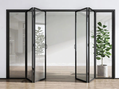 Rothnow Aluminum Door 18x35 Series Slim Frame Bi-fold Door with clear glass, white finish, and folding design.