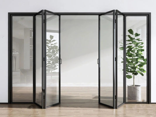 Rothnow Aluminum Door 18x35 Series Slim Frame Bi-fold Door with clear glass, white finish, and folding design.